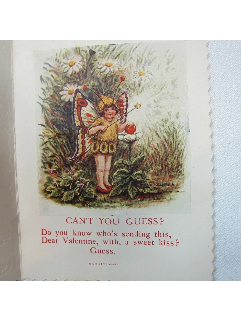 Vintage Valentine Card 1929 Die cut Fold Girl Fairy Wings Wand Daisy Flowers USA